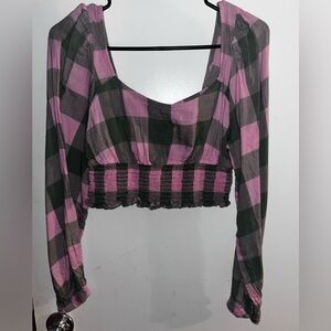 BP Pink and green Smocked Crop Blouse long sleeve low cut front and back